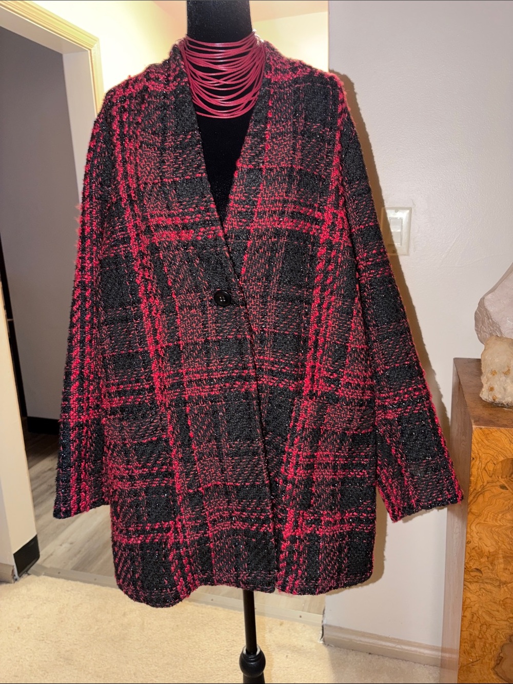 Lane Bryant Black and Red Plaid Shimmering Bouclé Blazer-Short Coat